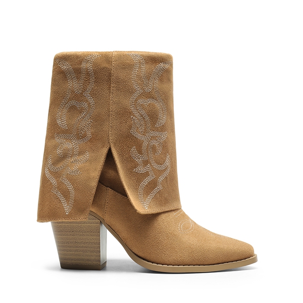 Fold Over Cuff Denim Cowgirl Boots - KHAKI-SUEDE - 1